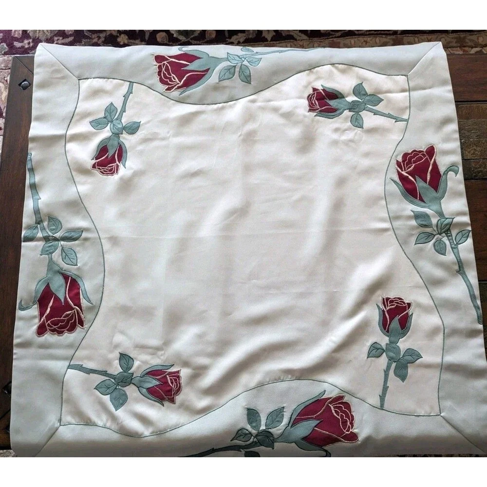 33” Square Table Cloth Linen Rose Еmbroidered Polyester